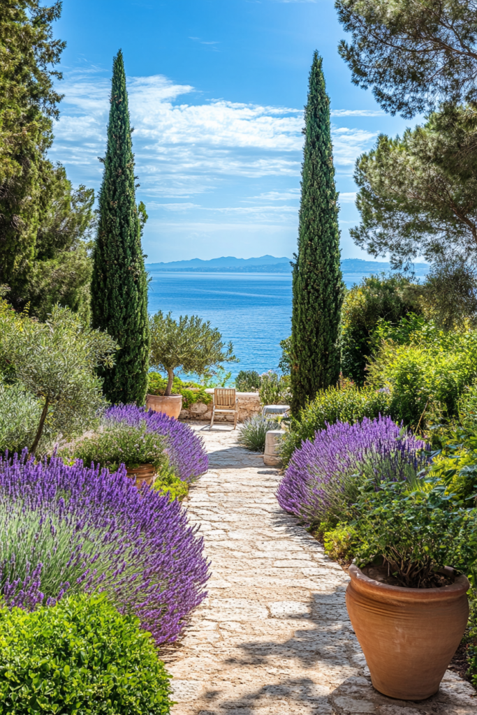 Voici ce qu'a crée notre paysagiste à Nice :jardin méditerranéen surplombant la Côte d'Azur à Nice avec lavande, oliviers, cyprès, chemin en pierre et vue sur la mer.