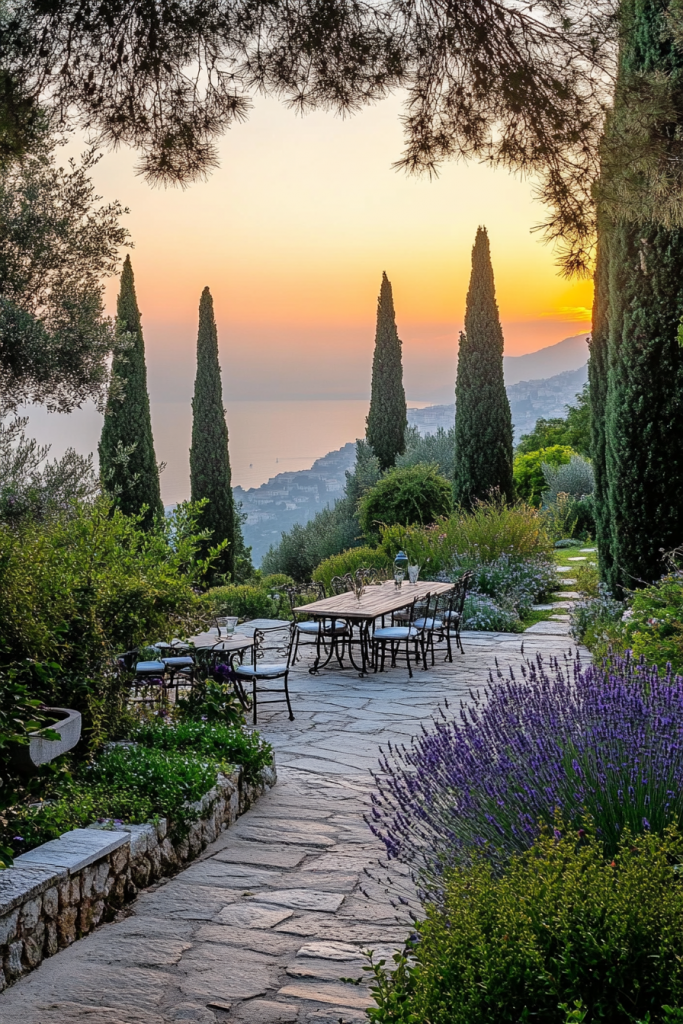 Jardin élégant de la Côte d'Azur à l’aube, avec cyprès, chemin en pierre, lavande, thym et coin détente avec vue sur le lever de soleil.